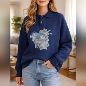 Daquin Navy Floral Heart Sweater Size L Cotton Blend Cozy Pullover Women